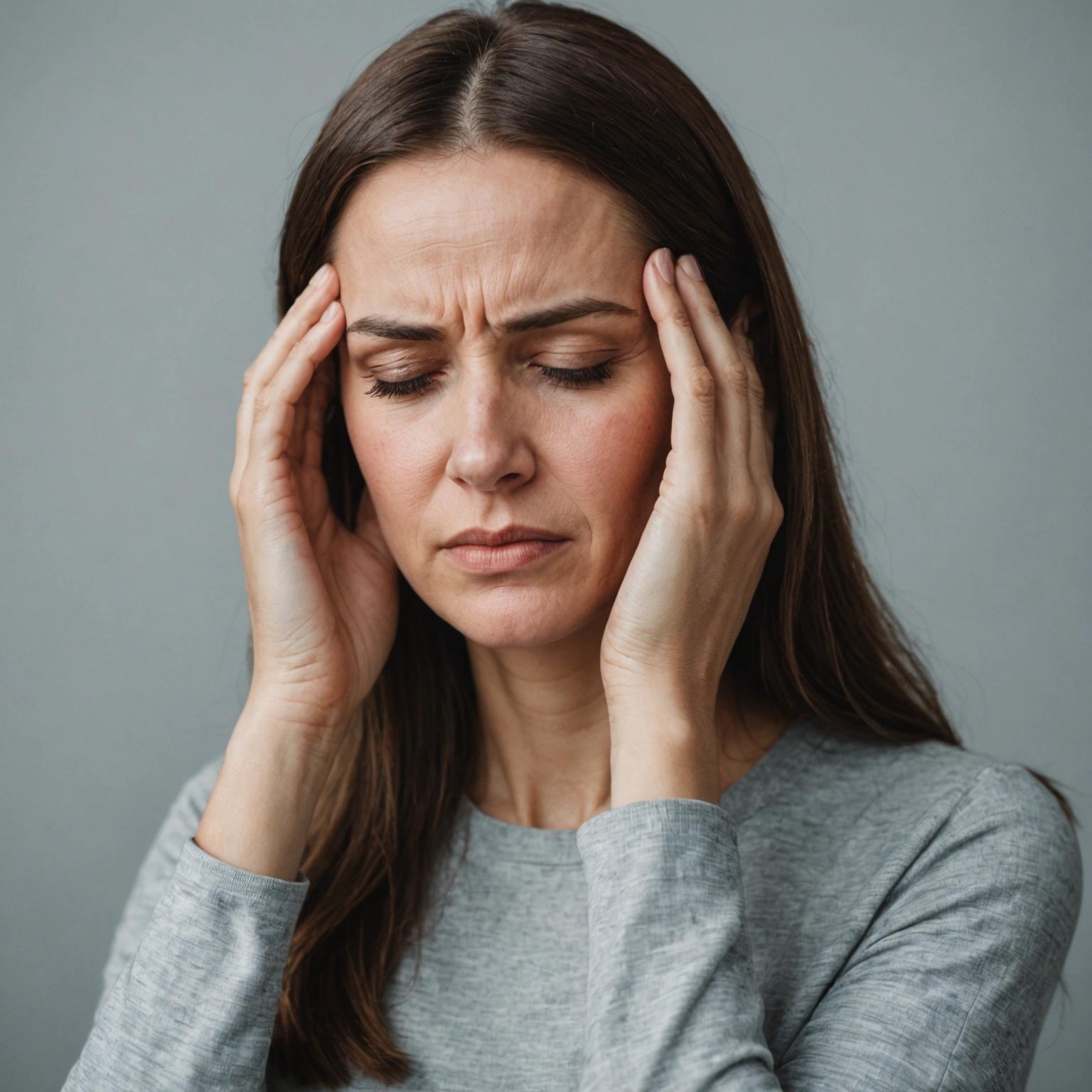 tmp_39a7d927-23c5-409d-b29a-a8fa61844898 Bild på kvinna som har huvudvärk och tar sig för tinningarna