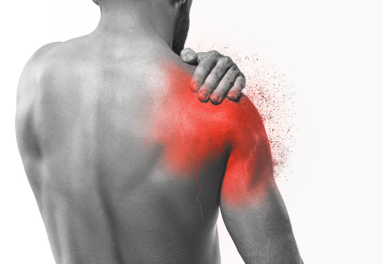 en bild på man med skad i höger axel