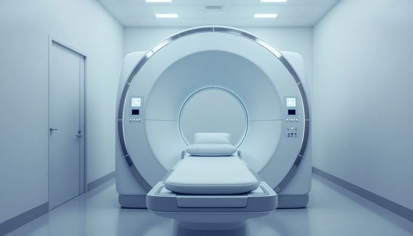 En MRI-maskin, som används för att diagnostisera tillstånd som slemsäcksinflammation i knät. Maskinen är stor och cylindrisk, och den är utrustad med en bänk där patienter ligger för att få en detaljerad bild av leder, senor och eventuella svullnader i området.