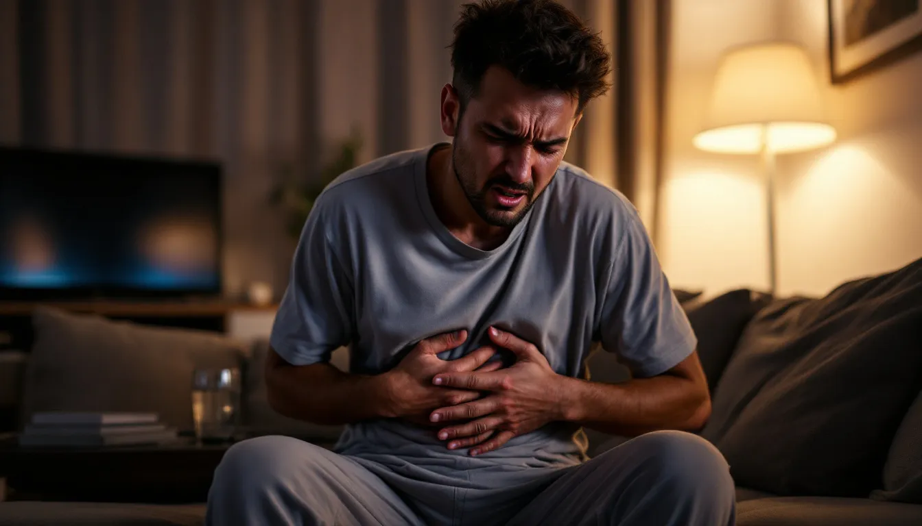 En bild på en man med ont i bröstet