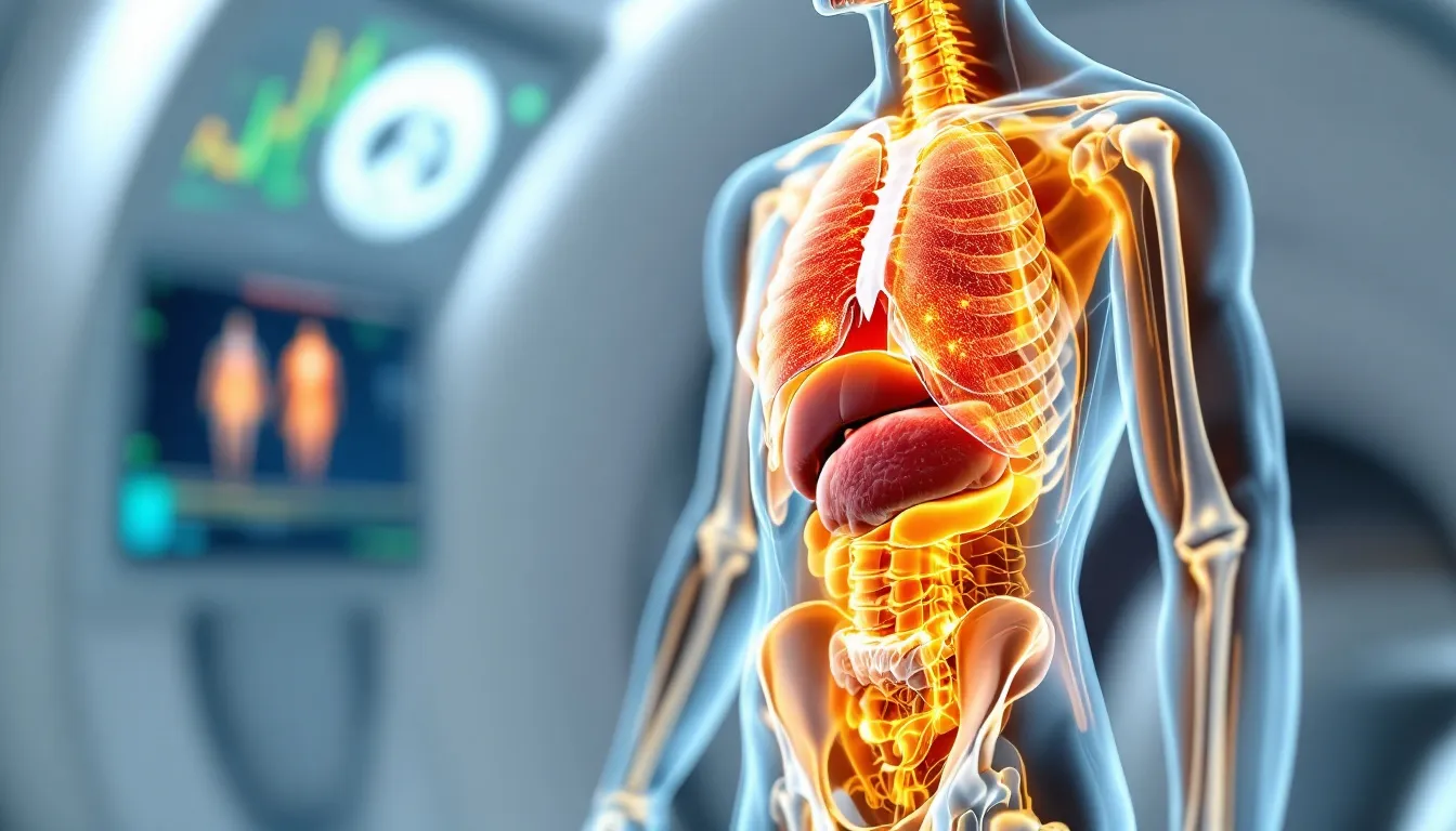 En MR-undersökning av hela kroppen visar en patient som ligger stilla inne i en stor magnetkamera, där magnetfält och radiovågor används för att skapa detaljerade bilder av inre organ och vävnader. Denna typ av magnetröntgen används ofta för att upptäcka förändringar, skador eller sjukdomar som multipel skleros.