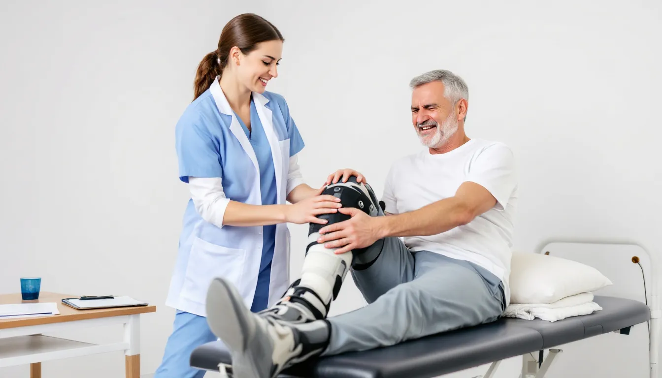 En fysioterapeut behandlar en patient med bursit i knät, där svullnad och smärta kring knäleden är tydliga symtom. Behandlingen fokuserar på att minska inflammationen i slemsäckarna och lindra besvären orsakade av långvarigt tryck och överbelastning.