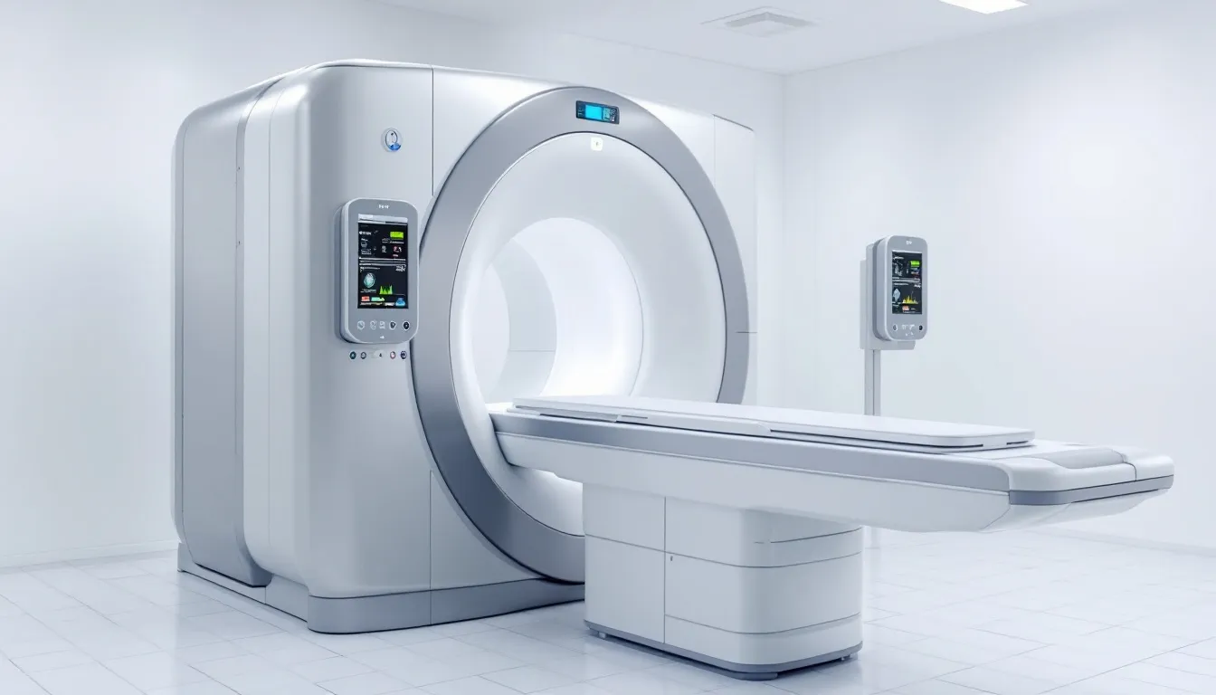 En magnetkamera för MR-undersökning av hjärnan står i ett kliniskt rum, redo att användas för att ta detaljerade bilder av hjärnans tillstånd och upptäcka eventuella förändringar eller sjukdomar som multipel skleros. Maskinen omges av medicinsk utrustning och ger en trygg miljö för patienter som ska undersökas.