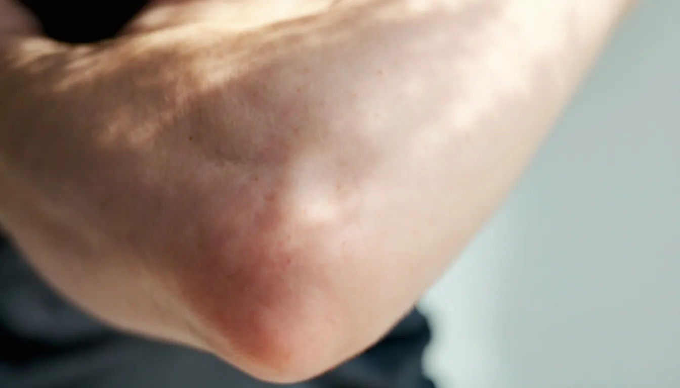 Bild av en mänsklig armbåge som visar tecken på bursit, med svullnad och rodnad runt slemsäcken. Inflammationen kan orsaka smärta och obehag, ofta relaterat till långvarigt tryck eller överbelastning.