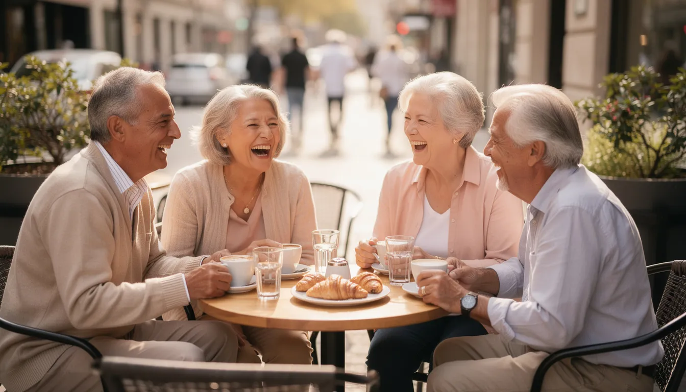 En grupp äldre vuxna sitter vid ett utecafé och skrattar tillsammans, vilket visar på vikten av sociala relationer för att förbättra livskvaliteten och förlänga livet. Deras glädje och interaktioner bidrar till en hälsosam livsstil och minskar risken för sjukdomar.