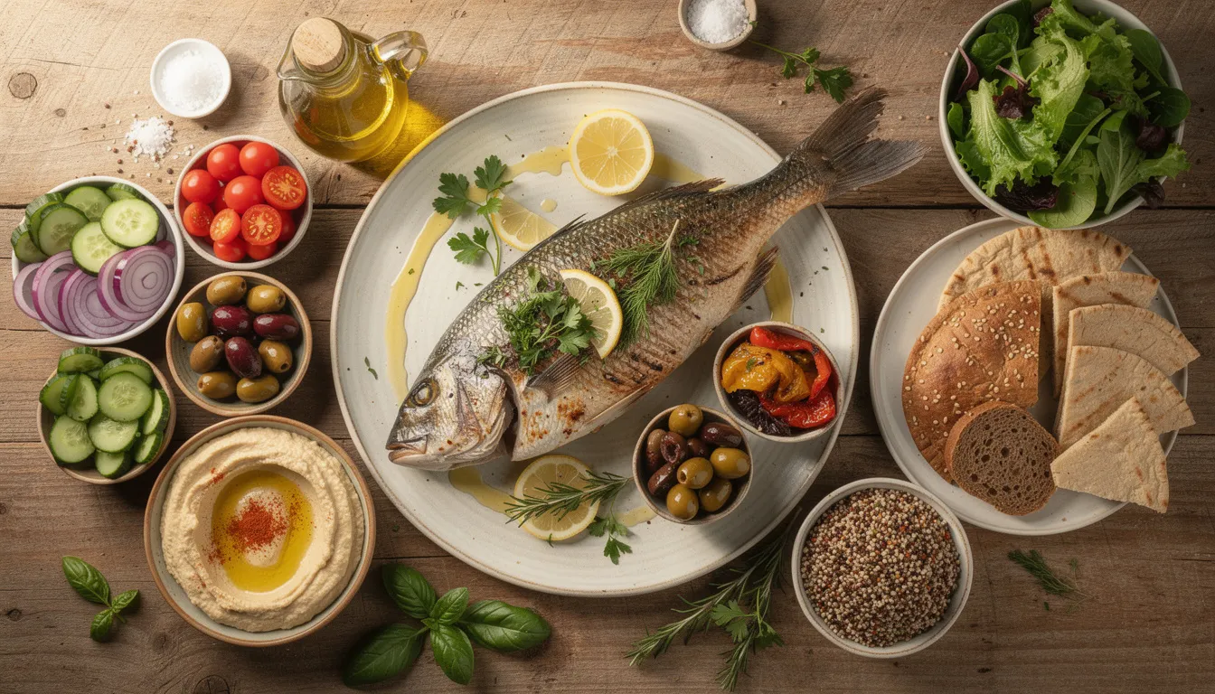 En fräsch medelhavsmåltid är uppdukad på ett träbord, med färska grönsaker, olivolja, fisk och fullkornsprodukter. Denna hälsosamma kost kan bidra till att förlänga livet och förbättra livskvaliteten genom att minska risken för sjukdomar.