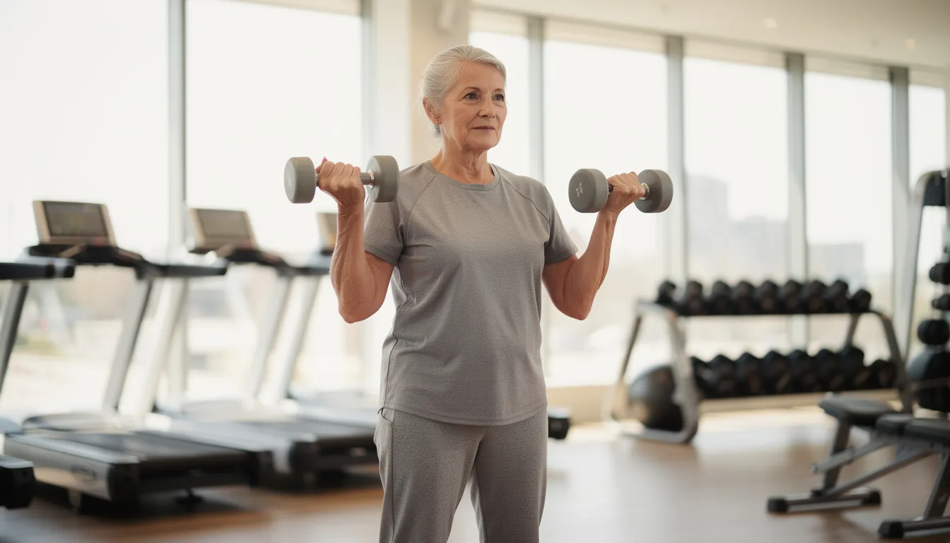 En senior person utför lätt viktlyftning i en ljus och inbjudande gymmiljö, vilket bidrar till en hälsosam livsstil och minskar risken för sjukdomar. Genom fysisk aktivitet kan åldrandet påverkas positivt och livskvaliteten förbättras.