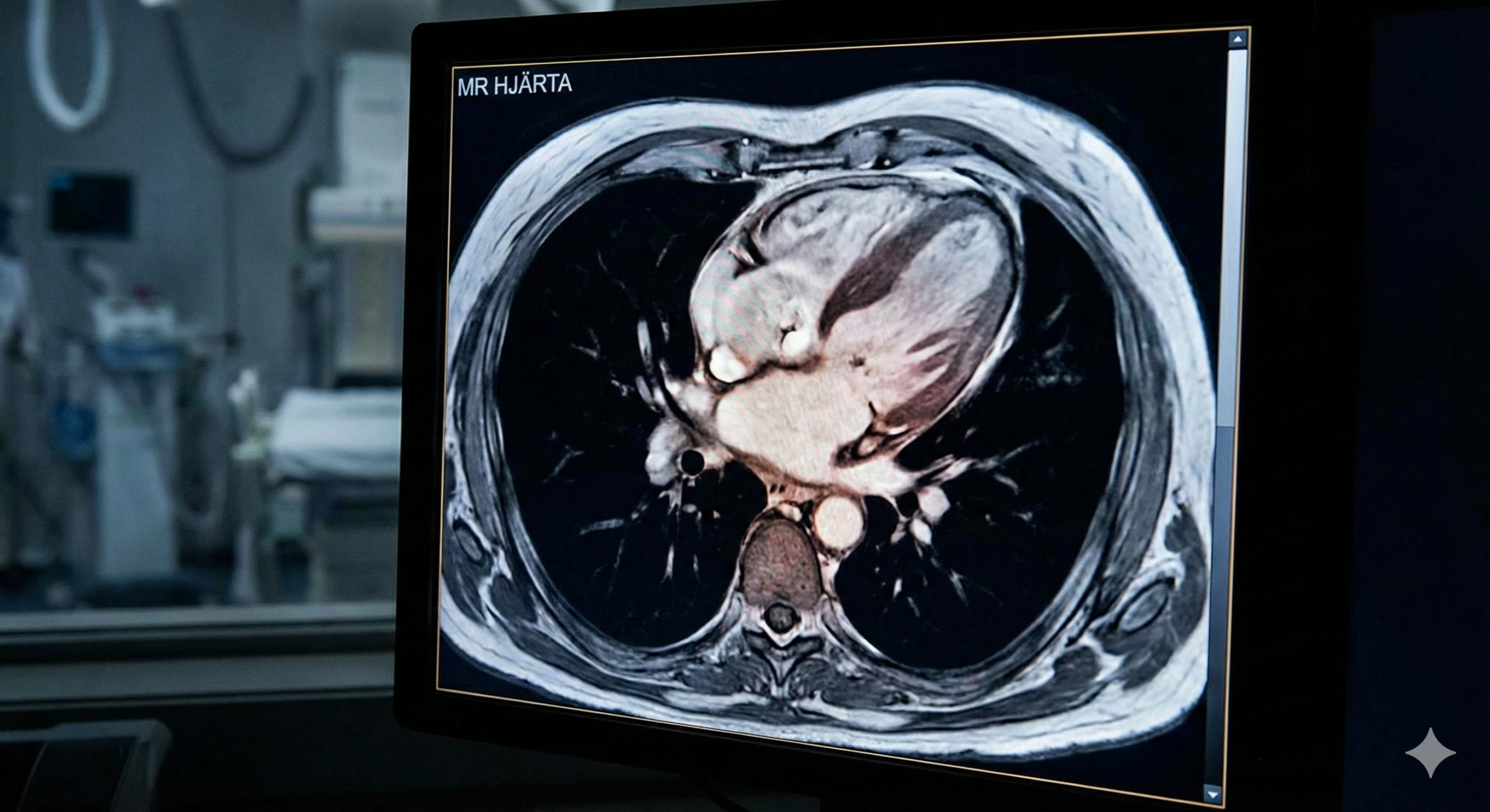 Medicinsk bildskärm som visar ett detaljerat tvärsnitt från en MR-undersökning av hjärtat (MR Hjärta).
