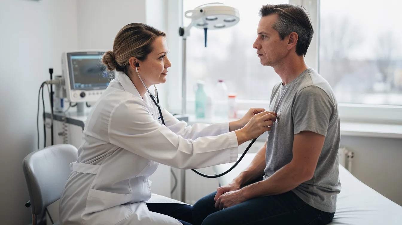 En läkare undersöker en patient som visar tecken på yrsel och svårt att andas. I rummet finns en känsla av oro, och läkaren ställer frågor för att förstå om symtomen stämmer överens med godartad lägesyrsel eller andra sjukdomar.