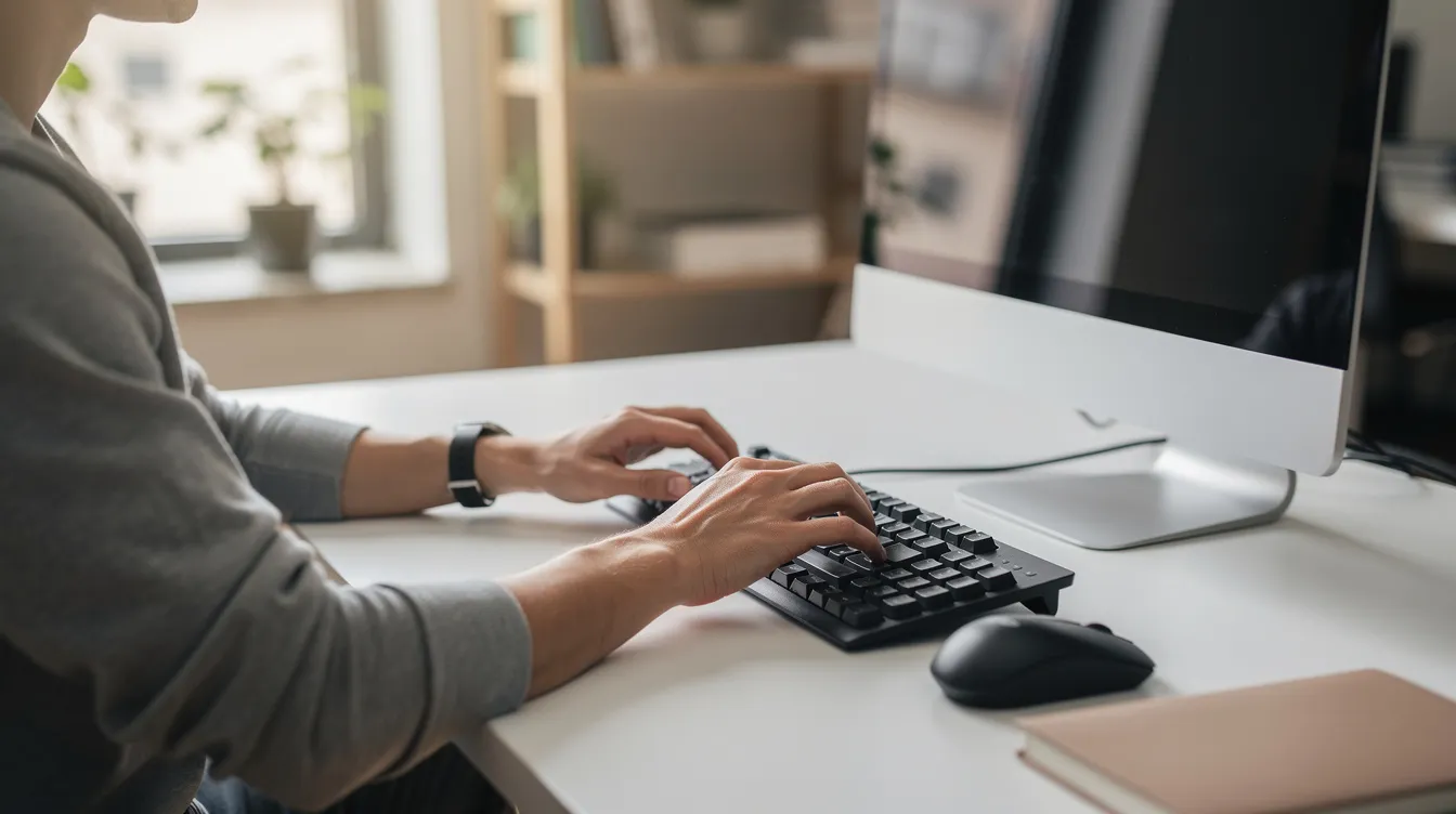 En person sitter vid en dator med händerna på tangentbordet, vilket kan leda till domningar och stickningar i händerna om man arbetar under längre tid. Det är viktigt att vara medveten om symtom som kan orsakas av tillstånd som karpaltunnelsyndrom, som påverkar medianusnerven och kan ge besvär i handleden och fingrarna.