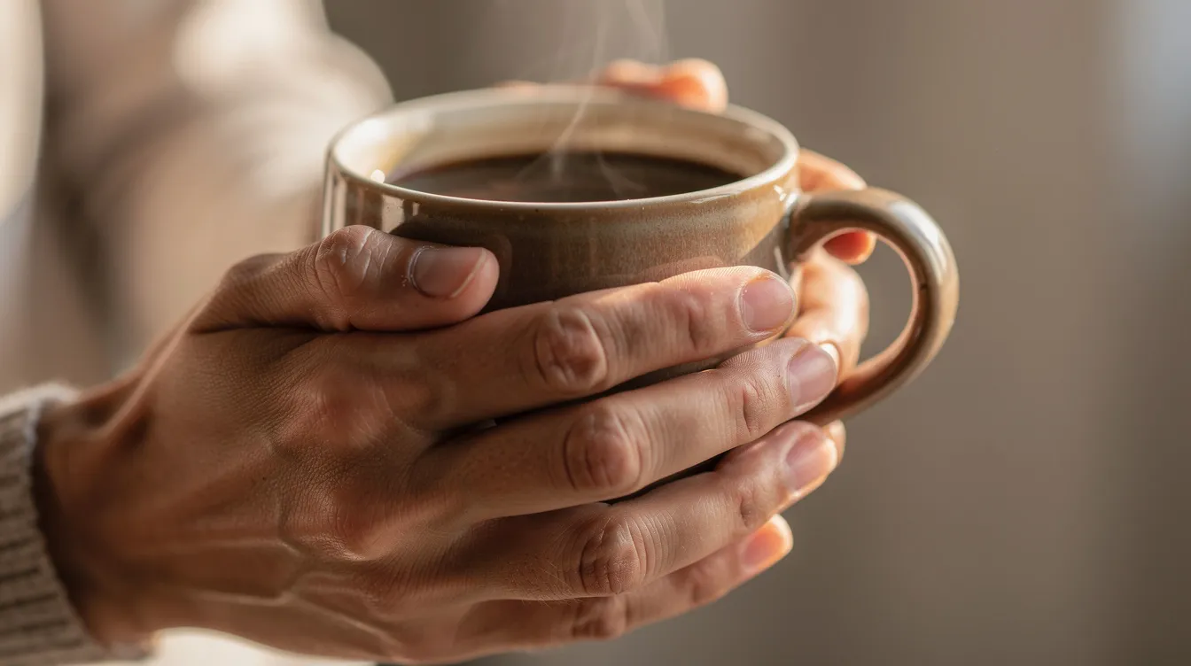 Äldre person håller en mugg