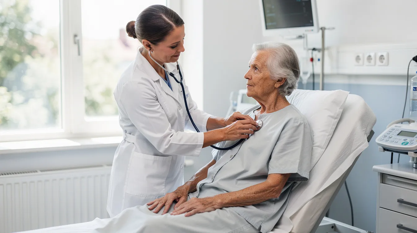 En läkare undersöker en äldre patient som kan uppleva yrsel, vilket är en vanlig orsak till besvär hos äldre människor. Undersökningen fokuserar på att identifiera potentiella orsaker till yrseln och hur den påverkar patientens balans och livskvalitet.