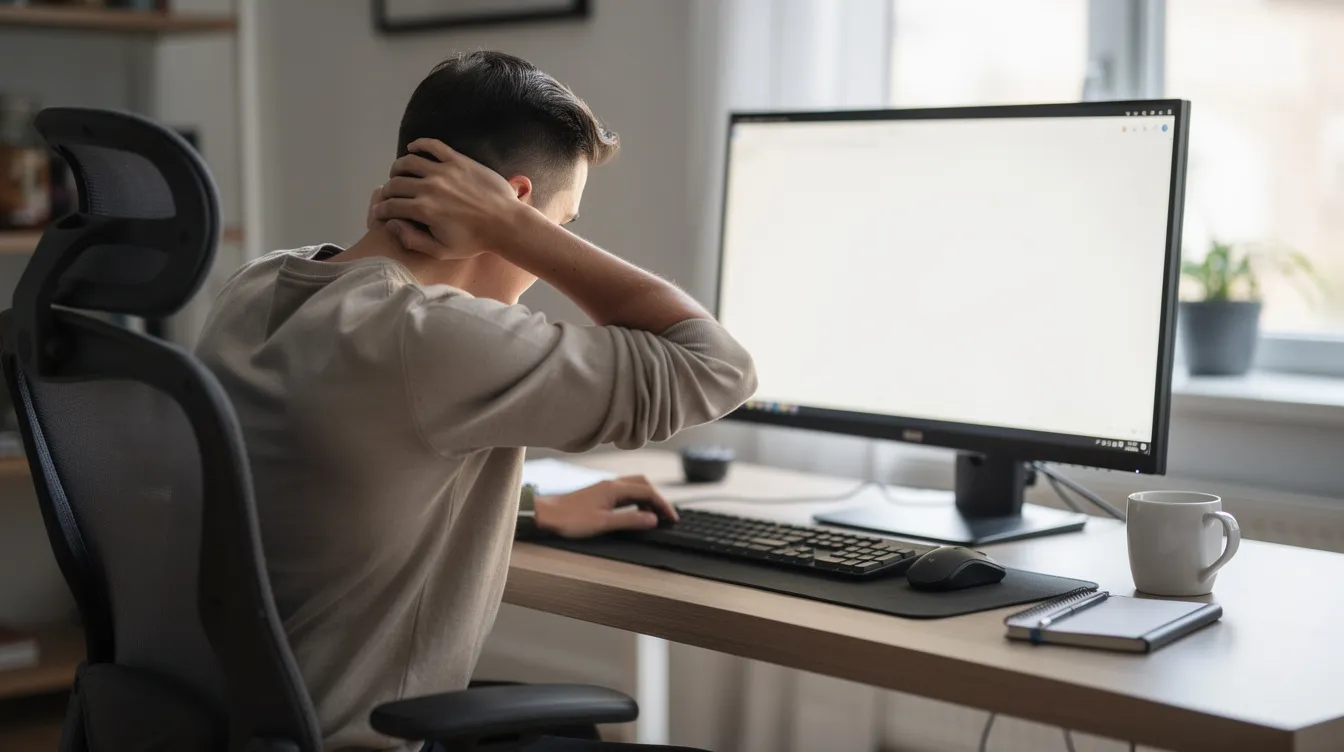 En person sitter vid en dator och masserar sin nacke, vilket kan vara en reaktion på stress eller huvudvärk. Att massera nacken kan ibland hjälpa till att lindra symtom som yrsel och illamående, särskilt om man har drabbats av sjukdomar som kristallsjuka.
