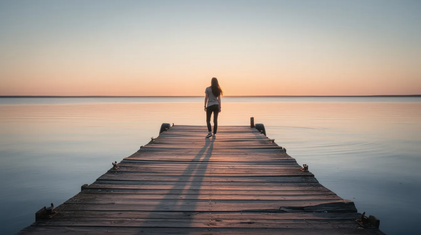 En person står på en träbrygga vid vattnet och blickar ut över horisonten, vilket ger en känsla av öppna platser och lugn. Denna scen kan ibland framkalla en känsla av yrsel och stress, särskilt för dem som upplever kroppsliga symtom relaterade till ångest eller långvarig stress.