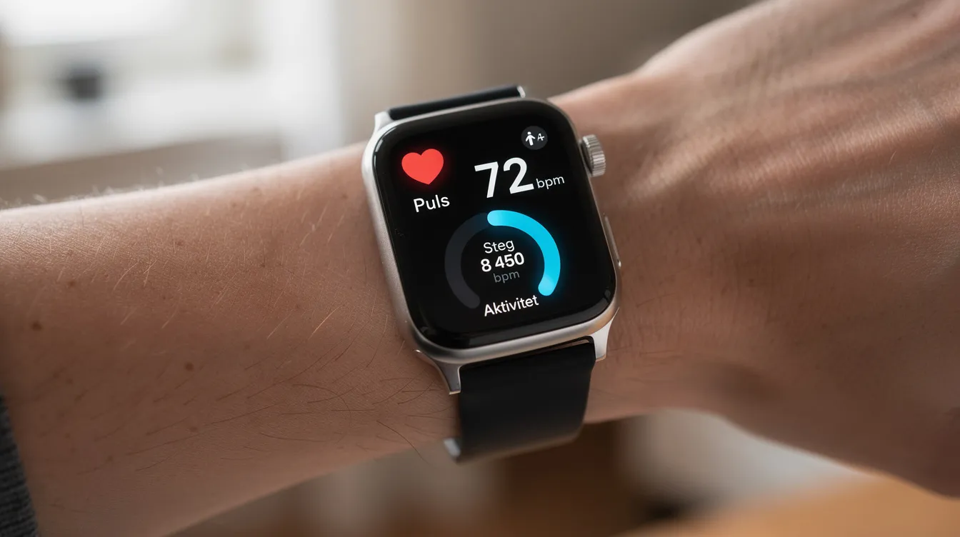 En smartklocka sitter på en handled och visar hälsodata som relaterar till kroppens funktioner, inklusive information om kost, träning och sömn. Denna teknik är en del av biohacking och hjälper människor att bättre förstå sin hälsa och optimera sina livsstilsval.