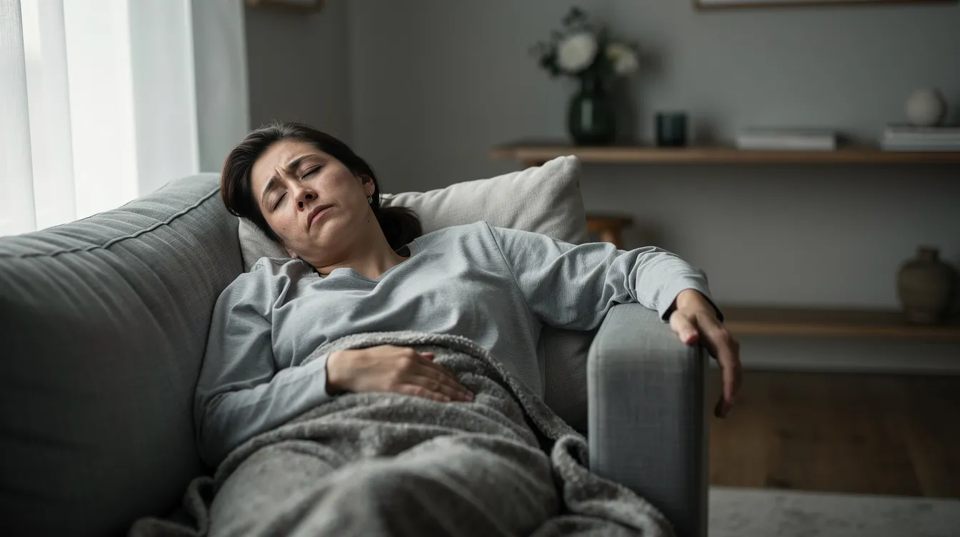 En person vilar i en soffa med slutna ögon och ser utmattad ut, vilket kan tyda på trötthet som ofta drabbar cancerpatienter. Denna fatigue kan påverka kroppens energi och leda till behov av vila för att hantera symtomen.