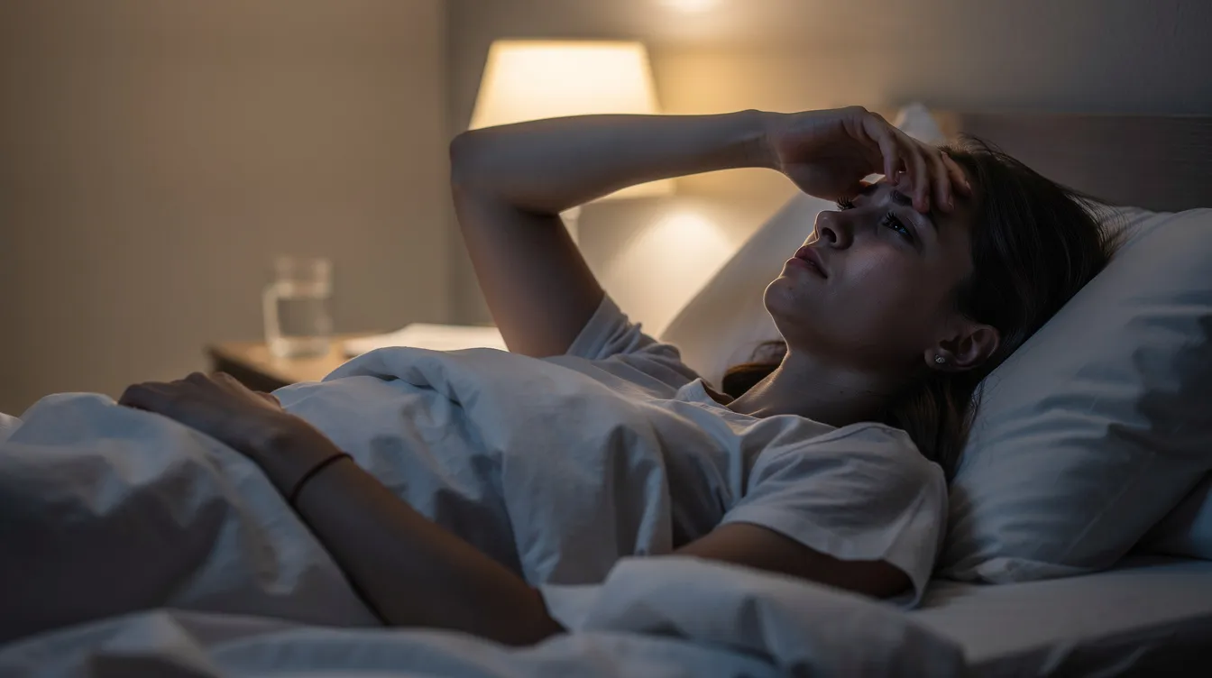 En person ligger i sängen med handen mot pannan, vilket kan tyda på att de upplever smärta från olika typer av huvudvärk, exempelvis spänningshuvudvärk eller migrän. Denna position kan vara ett sätt att lindra obehaglig värk som ofta känns runt huvudet.