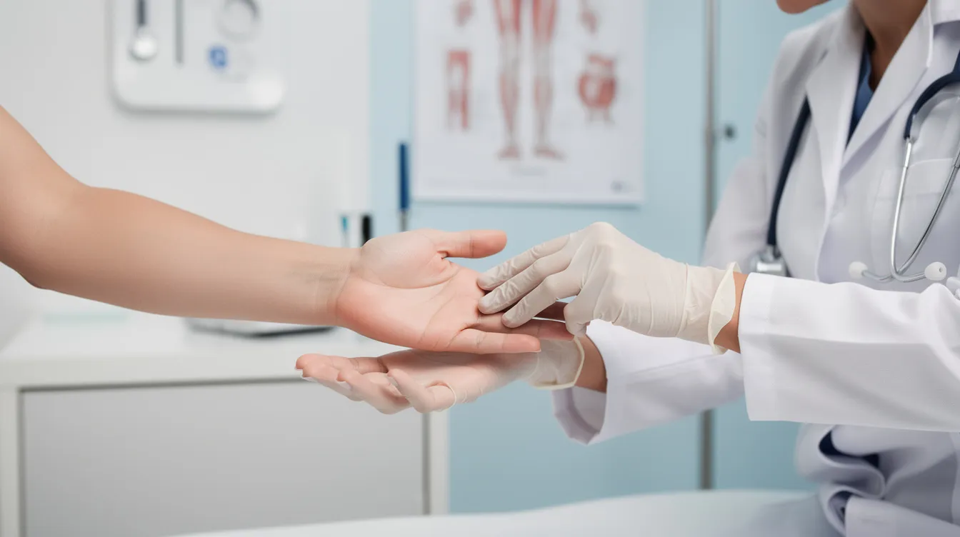 En läkare genomför en klinisk undersökning av en patients hand och handled, där fokus ligger på att identifiera symtom som domningar och stickningar i fingrarna. Undersökningen syftar till att bedöma eventuella besvär relaterade till tillstånd som karpaltunnelsyndrom eller nedsatt känsel.