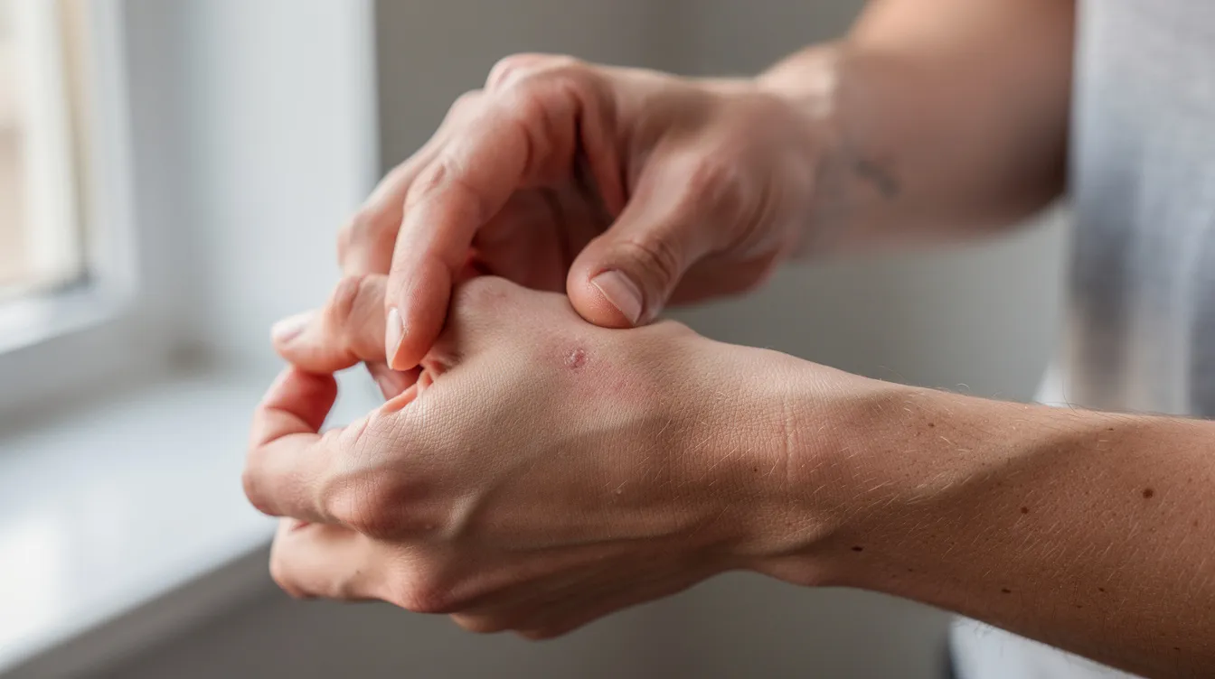 En närbild visar en person som noggrant undersöker sin underarm för hudförändringar, som kan inkludera födelsemärken eller fläckar. Det är viktigt att vara uppmärksam på förändringar i färg eller form, då dessa kan vara tecken på hudcancer, inklusive malignt melanom.